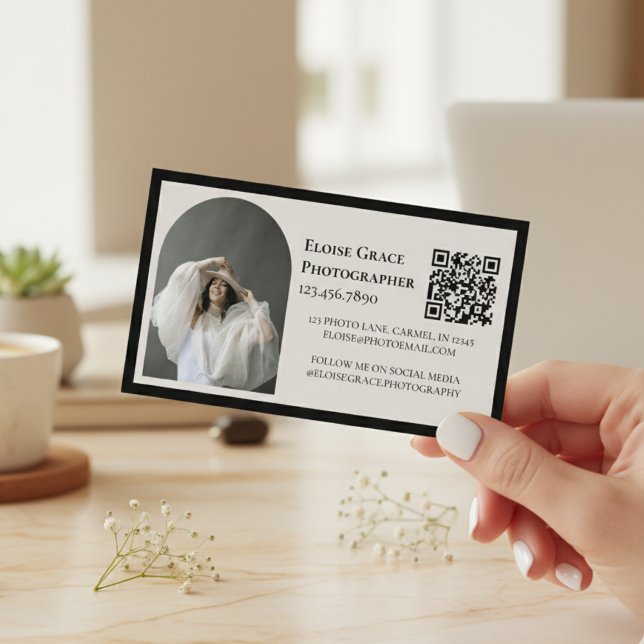 Cartão De Visita Editorial Photo Logo Black QR Code Business Card (Market your photography business in style with this editorial business card!)