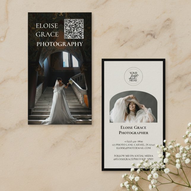 Cartão De Visita Editorial Photo Logo QR Code Business Card (Market your photography business in style with this editorial business card!)