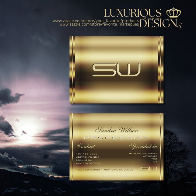 Cartão De Visita Efeito do Shimmer Dourado Luxurioso e Iniciais Fau (Criador carregado)