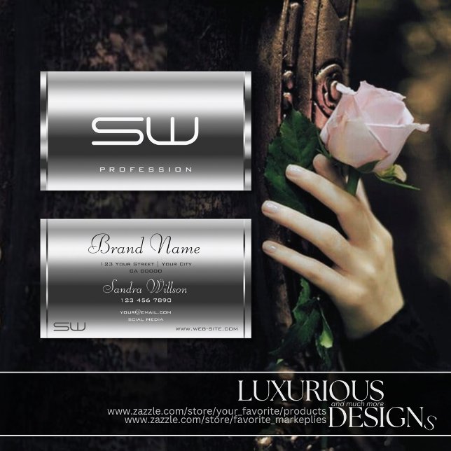 Cartão De Visita Efeito Prateado Elegante Monograma Moderno Profiss (Criador carregado)