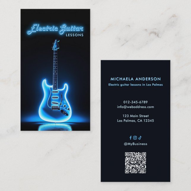 Cartão De Visita Electric Guitar Teacher QR Code & Social Media (Frente/Verso)