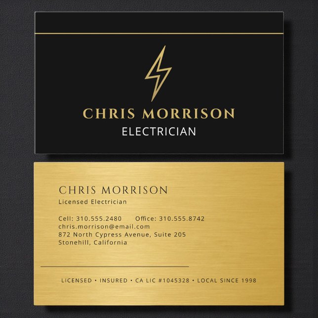 Cartão De Visita Electrician Black Gold Metallic Contractor (Criador carregado)