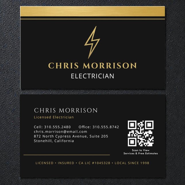 Cartão De Visita Electrician Black & Gold Metallic QR Code (Criador carregado)