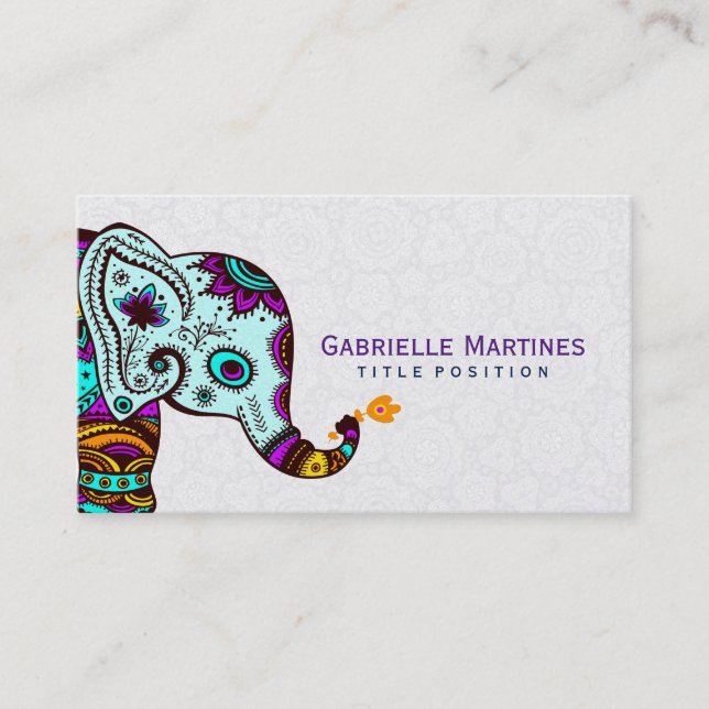 Cartão De Visita Elefante Floral Colorido e Fundo Preto (Frente)
