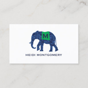Cartão De Visita Elefante Padrão Azul com Monograma
