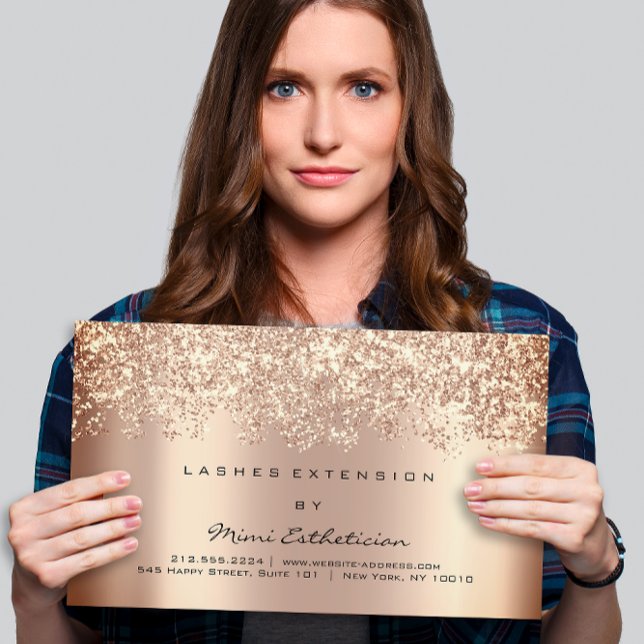 Cartão De Visita Elega de Lash de instrução após cuidados Dourados (Aftercare Instruction Lash Rose Gold Glitter Elega Business Card)