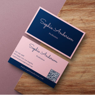 Cartão De Visita Elegância Chic Rosa e Azul-Marinho com Código QR