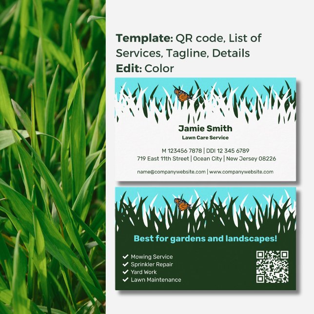 Cartão De Visita Elegância inspirada na natureza com borboleta: cui (Nature-Inspired Elegance with Butterfly: Lawn Care Business Card, Service List, QR code, Tagline)