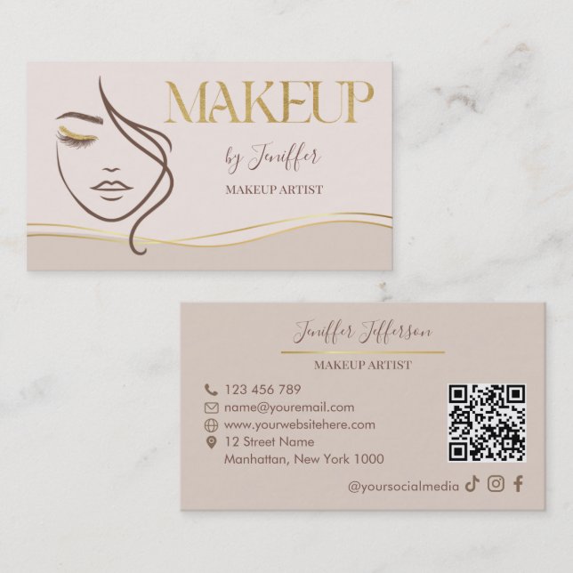 Cartão De Visita Elegant Beige & Gold Makeup Artist Bussines card (Frente/Verso)