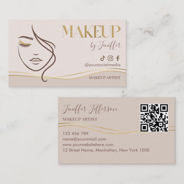 Cartão De Visita Elegant Beige & Gold Makeup Artist Bussines card (Frente/Verso)