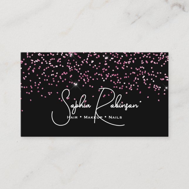 Cartão De Visita Elegant Black and Pink Glitter Salon Business Card (Frente)