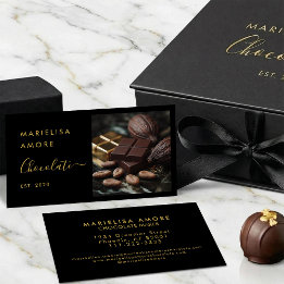 Cartão De Visita Elegant Black Gold Script Chocolate Branding
