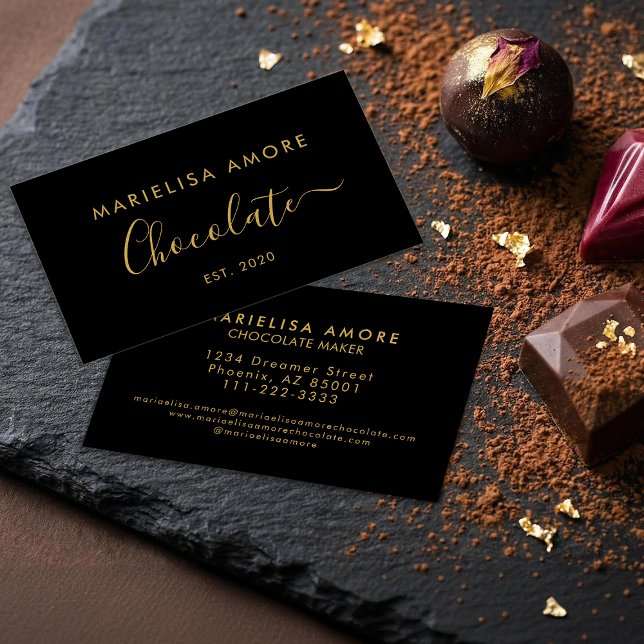 Cartão De Visita Elegant Black Gold Script Chocolate Branding (Criador carregado)