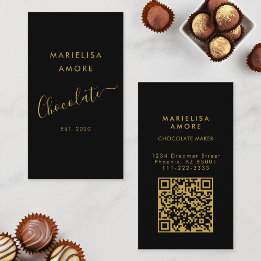Cartão De Visita Elegant Black Gold Script Chocolate Qr Code