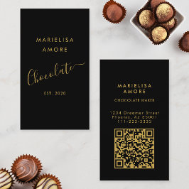 Cartão De Visita Elegant Black Gold Script Chocolate Qr Code