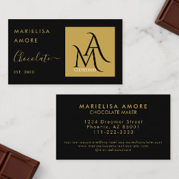 Cartão De Visita Elegant Black Gold Script Logo Chocolate Branding