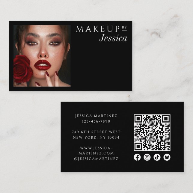 Cartão De Visita Elegant Black QR Code Social Icons Photo Makeup (Frente/Verso)