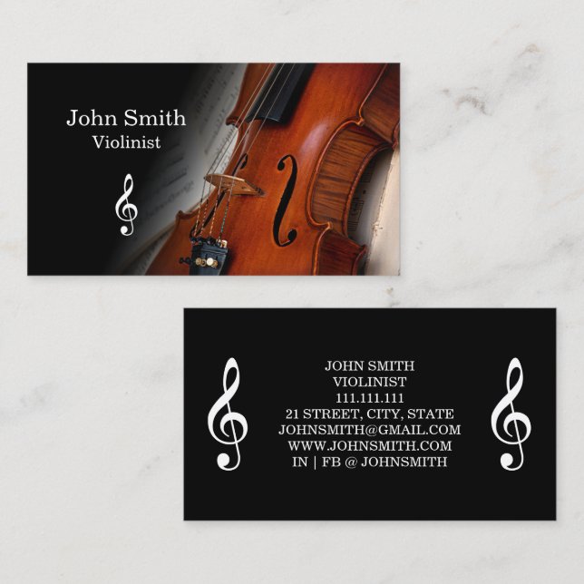 Cartão De Visita Elegant Black Violin Violinist Business Card (Frente/Verso)