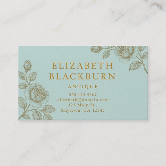 Cartão De Visita Elegant Blue and Gold Rose Business Card (Frente)