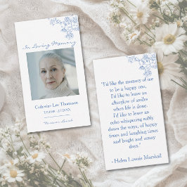 Cartão De Visita Elegant Blue Floral Photo Prayer Card