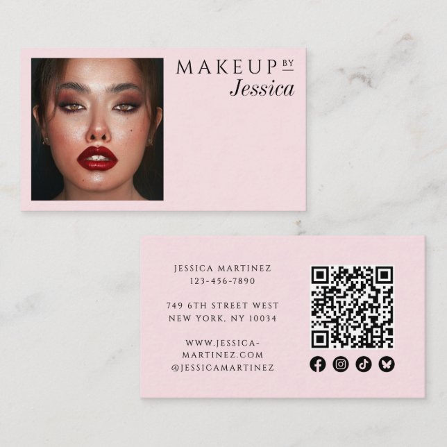 Cartão De Visita Elegant Blush Pink QR Code Social Photo Makeup (Frente/Verso)