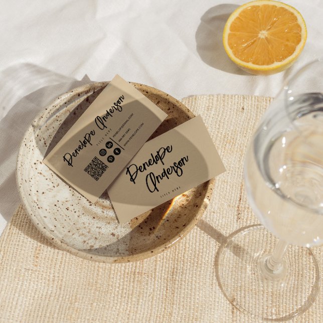 Cartão De Visita Elegant Boho Cream QR Code Modern Unin Na moda (Criador carregado)