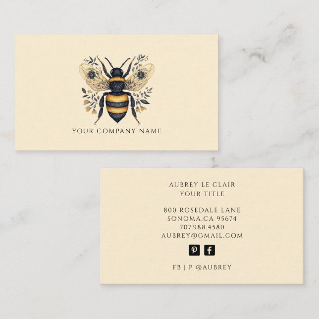 Cartão De Visita Elegant Botanical Bee Logo Template (Frente/Verso)