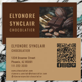 Cartão De Visita Elegant Brown Caramel Chocolatier Photo Social QR 