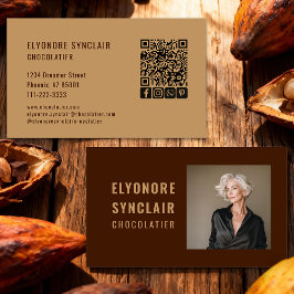 Cartão De Visita Elegant Brown Chocolatier Photo Social QR Code 
