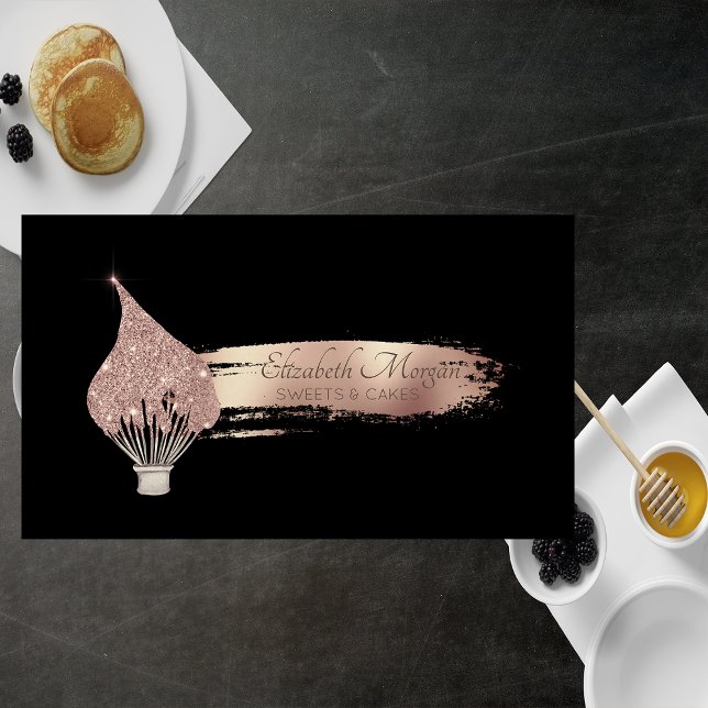 Cartão De Visita Elegant Brush Stroke Glitter Whisk Sweets Black (Criador carregado)
