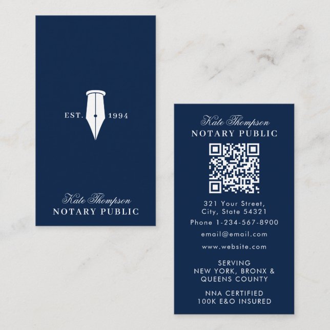 Cartão De Visita Elegant Classy Notary Signing Agent QR Code Blue (Frente/Verso)