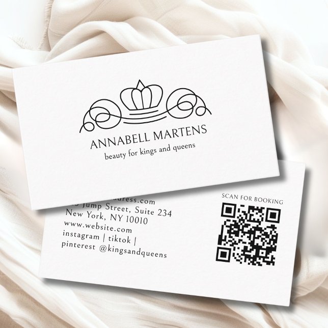 Cartão De Visita Elegant Crown Salon White QR Code (Elegant Crown Salon White QR Code Business Card)