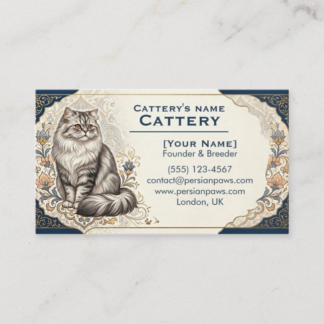 Cartão De Visita Elegant Custom Persian Cat Cattery Business Card  (Frente)