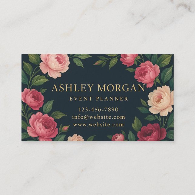 Cartão De Visita Elegant Dark Floral Business Card with Roses  (Frente)