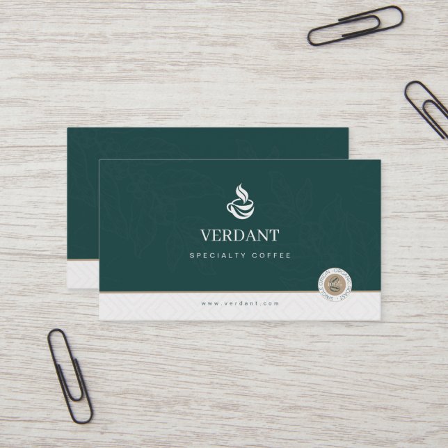 Cartão De Visita Elegant Dark Green Specialty Coffee business card (Frente/Verso In Situ)
