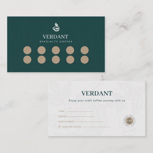 Cartão De Visita Elegant Dark Green Specialty Coffee Loyalty Card (Frente/Verso)