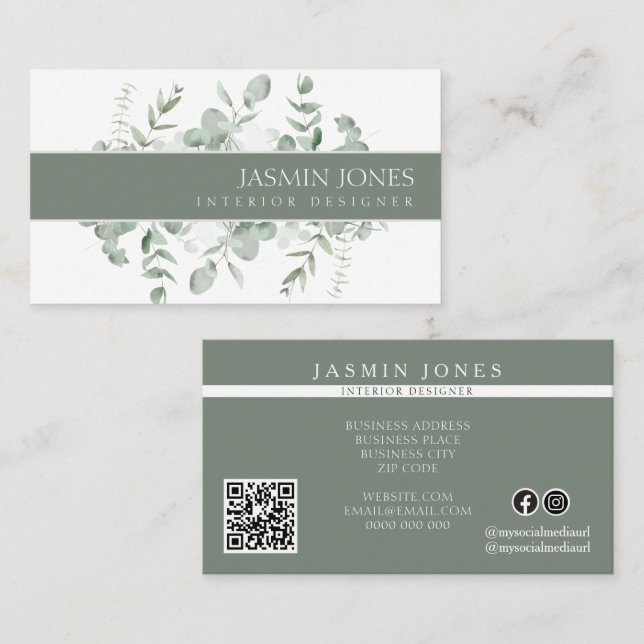 Cartão De Visita Elegant Eucalyptus Greenery Interior Designer (Frente/Verso)