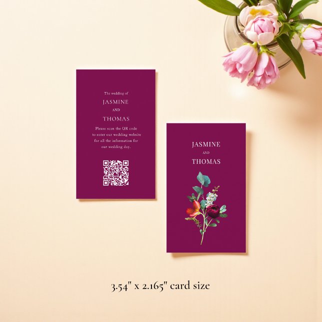Cartão De Visita Elegant Floral QR Code Wedding Website Card (Criador carregado)