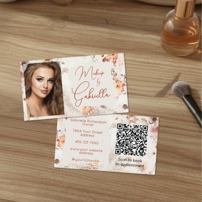 Cartão De Visita Elegant Floral Social Icon QR Code Photo Makeup (Criador carregado)