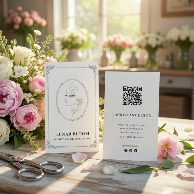 Cartão De Visita Elegant Floral Wellness Business Card with QR Code (Criador carregado)