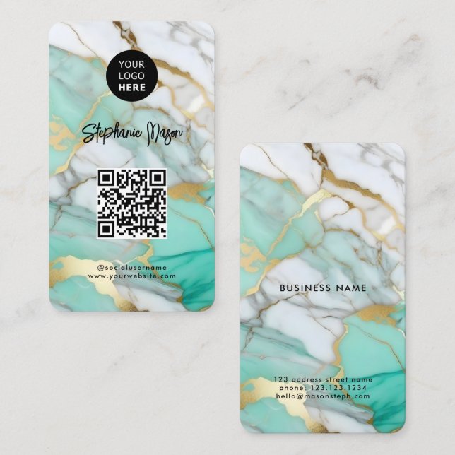 Cartão De Visita Elegant Green Gold Marble Logo & QR Code Modern (Frente/Verso)