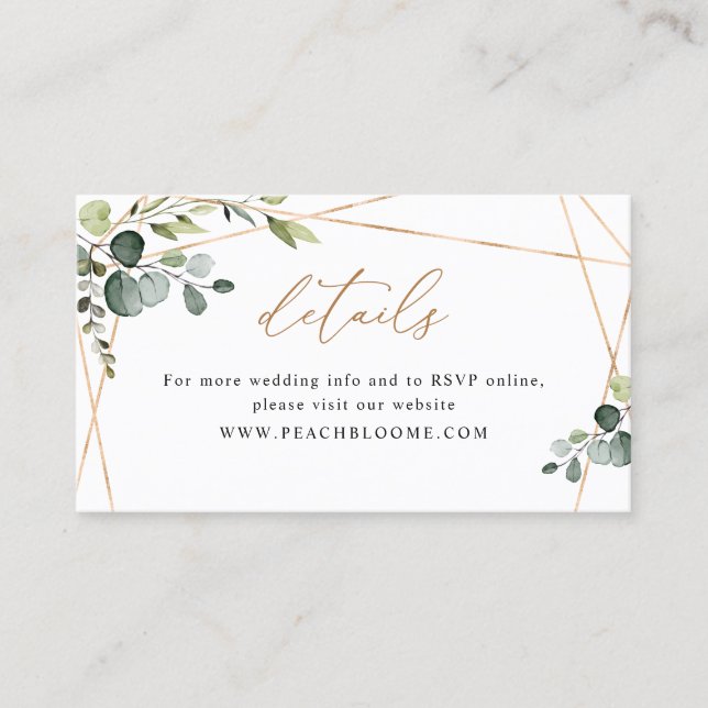Cartão De Visita Elegant Greenery Gold Wedding Website Details Card (Frente)