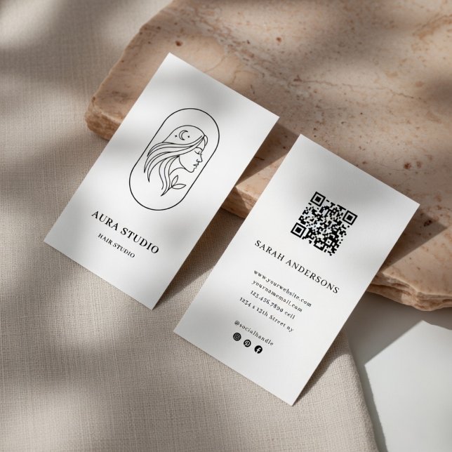 Cartão De Visita Elegant Hair Stylist Business Card with QR Code  (Criador carregado)