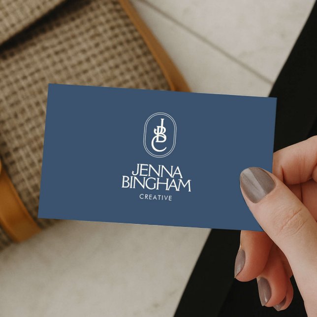 Cartão De Visita Elegant Lettering Monogram Logo Blue/Ivory (Criador carregado)