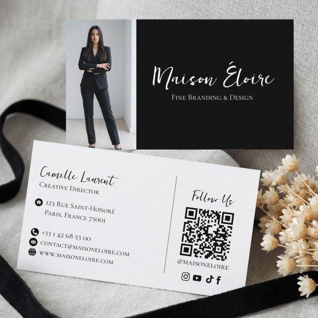 Cartão De Visita Elegant Luxury Black Modern Professional Photo Qr (Elegant Luxury Black Modern Professional Photo Qr Business Card)