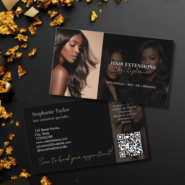 Cartão De Visita Elegant Luxury Hair Stylist Extensions Wigs  Photo (modern simple wig and hair extension business card with photo and QR code)