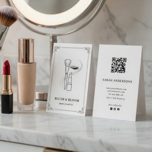 Cartão De Visita Elegant Makeup Artist Business Card with QR Code  (Criador carregado)