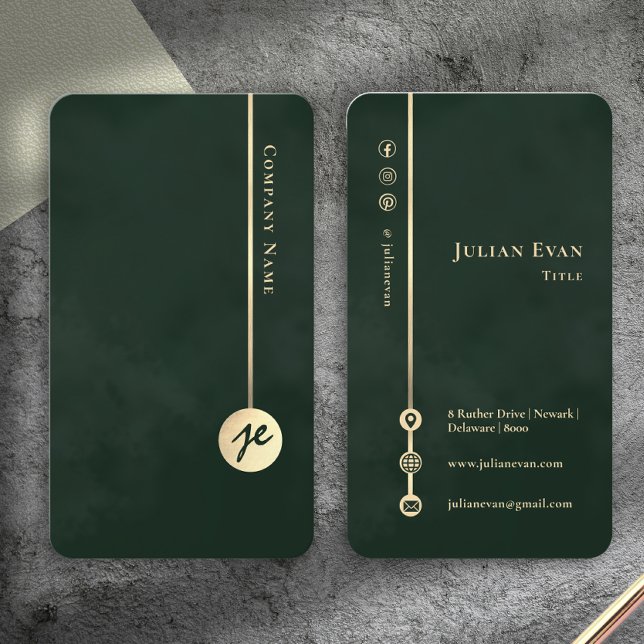 Cartão De Visita Elegant Minimalist Monogram Emerald Green & Gold (Elegant Minimalist Monogram Emerald Green & Gold Business Card)