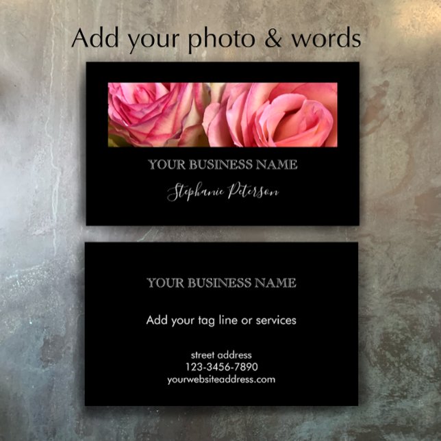 Cartão De Visita Elegant Modern Black Custom Floral Photo Template  (Personalize this editable modern elegant script photo template business card template.
)