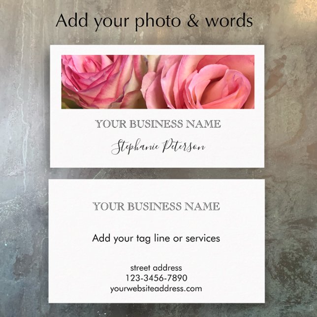 Cartão De Visita Elegant Modern Black Custom Floral Photo Template  (Customize this simple elegant business card template. Photo template black and white script.
)